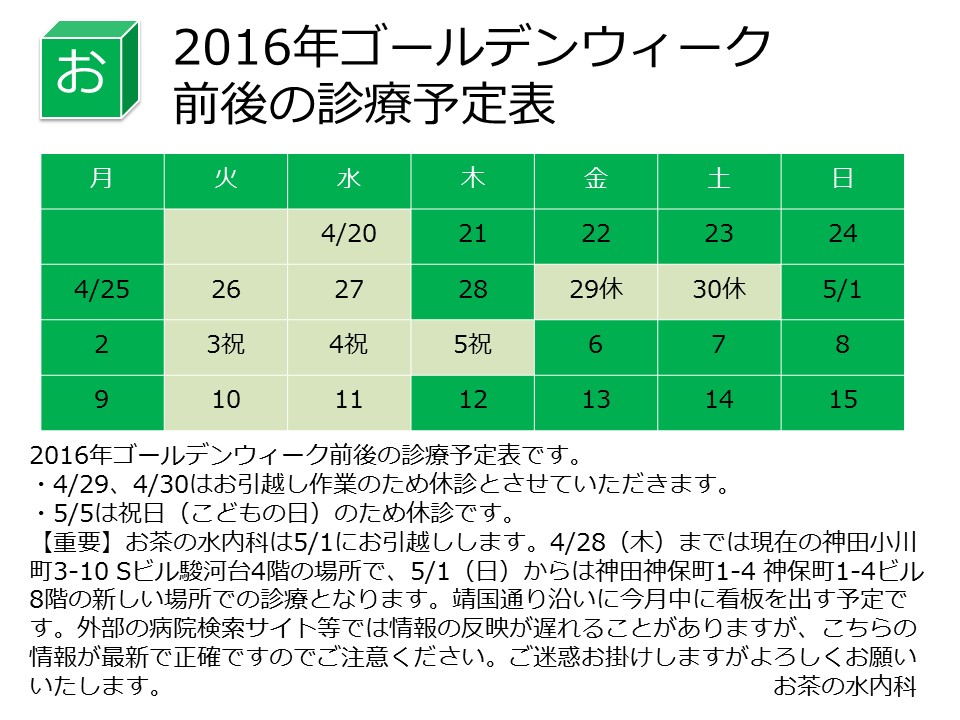 16年ゴールデンウィーク前後の診療予定表です お茶の水循環器内科院長ページ