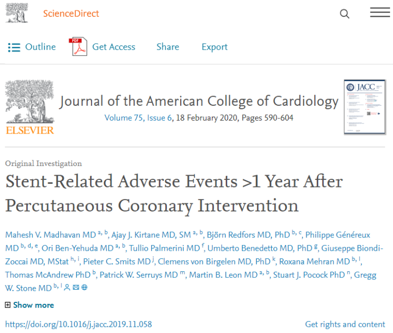 2020/2/18（火）、冠動脈カテーテル治療後のステント関連有害事象の長期データについて調べた研究「Stent-Related ...
