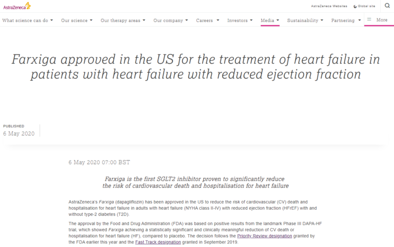 2020/5/6（水）、ダパグリフロジンが左室駆出率の低下した心不全に対する治療薬としてアメリカ食品医薬品局に承認されたことをアストラゼネカが